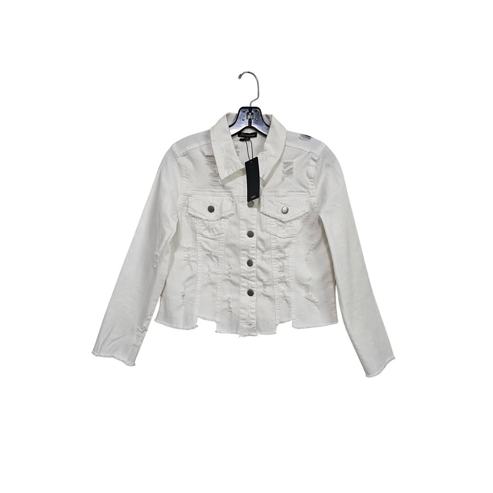 Shinestar Denim Jacket Medium White Distressed Raw Hem Cropped Streetwear NWT